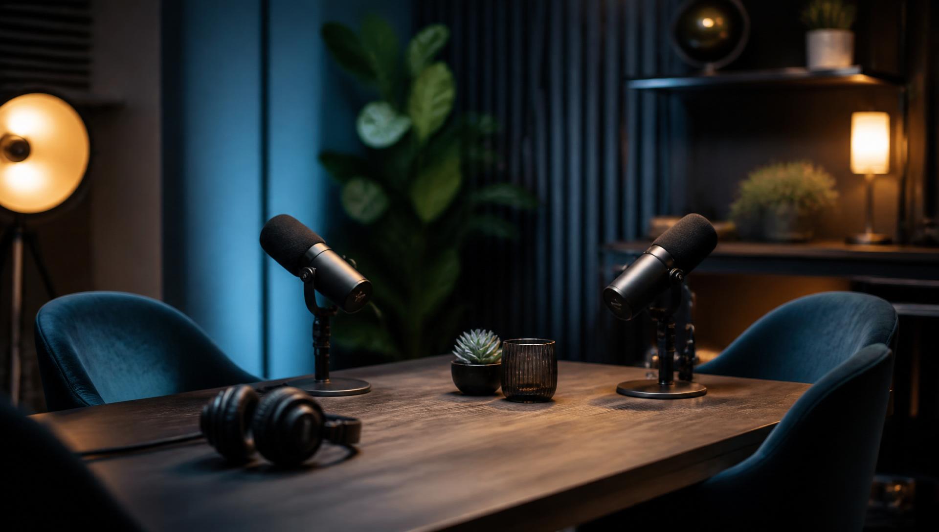 Studio d'enregistrement podcast professionnel avec microphones et casque